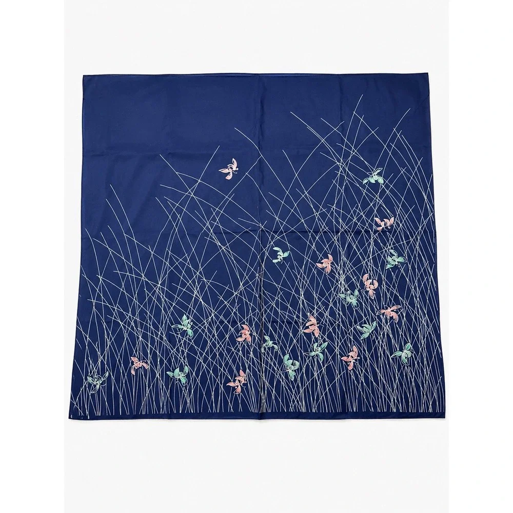 Vintage Japanese Blue Botanical Butterfly Scarf 28